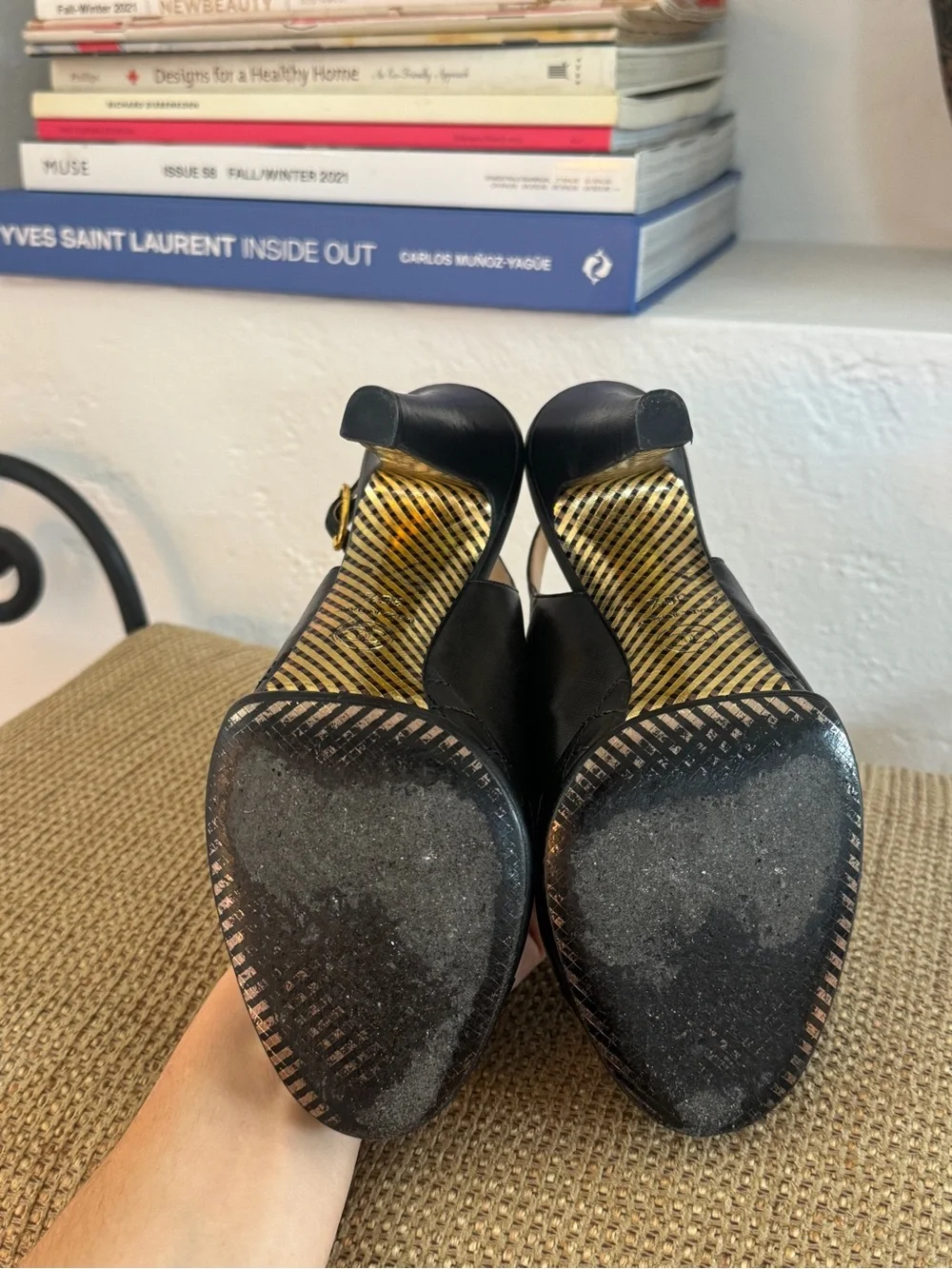 CHANEL Black Leather Slingback Platform Mules